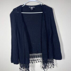 United States Sweater Women's LS Black Embroidered Waffle Knit Cardigan Medium!